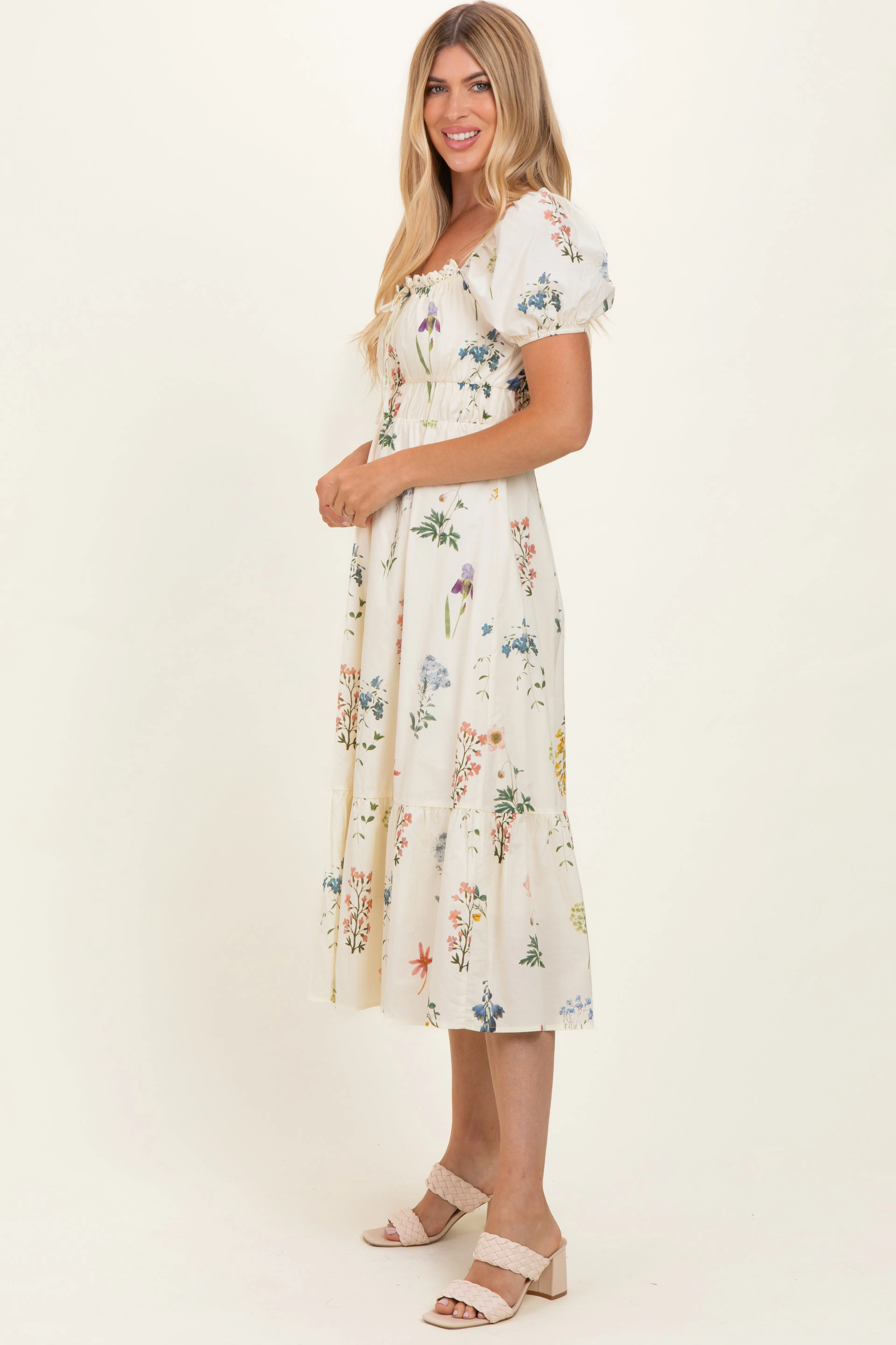 Oatmeal Floral Puff Sleeve Midi Dress sold by Pinkblush product image thumbnail 3