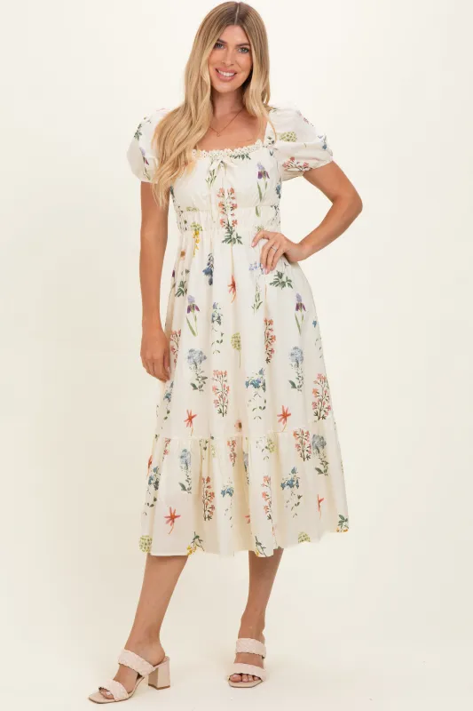 Oatmeal Floral Puff Sleeve Midi Dress made by Pinkblush