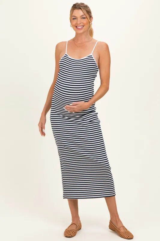Navy Striped Sleeveless Maternity Midi Dress made by Le Lis