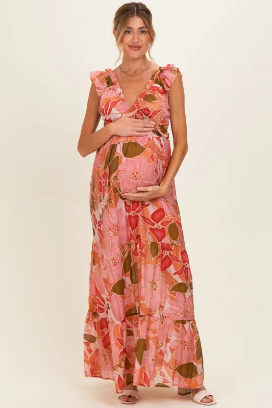 Pink Floral V-Neck Tiered Maternity Maxi Dress made by Pinkblush