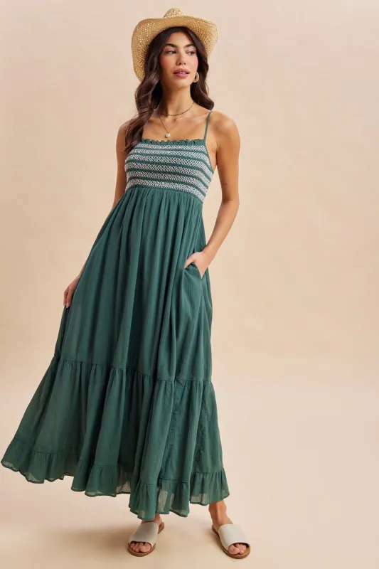 Rich Teal Embroidered Smocked Maxi Dress made by Inloom