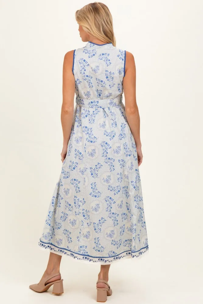 French Blue Floral Button Up Tie Waist Maternity Midi Dress sold by Pinkblush product image thumbnail 3