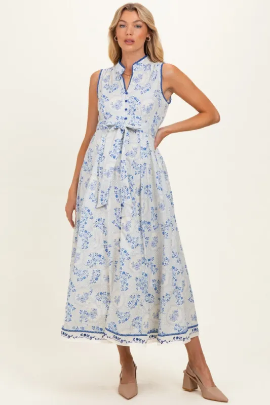 French Blue Floral Button Up Tie Waist Maternity Midi Dress made by Inloom