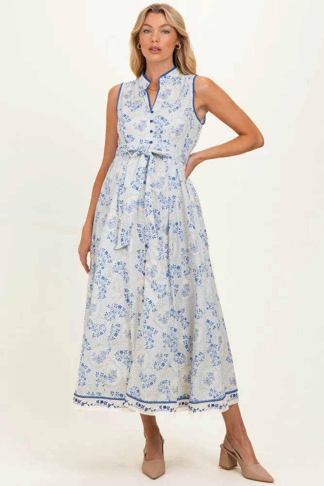 French Blue Floral Button Up Tie Waist Maternity Midi Dress sold by Pinkblush
