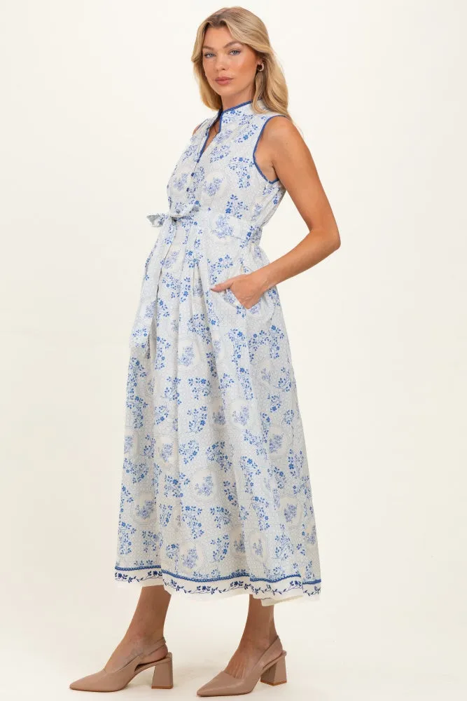 French Blue Floral Button Up Tie Waist Maternity Midi Dress sold by Pinkblush product image thumbnail 2