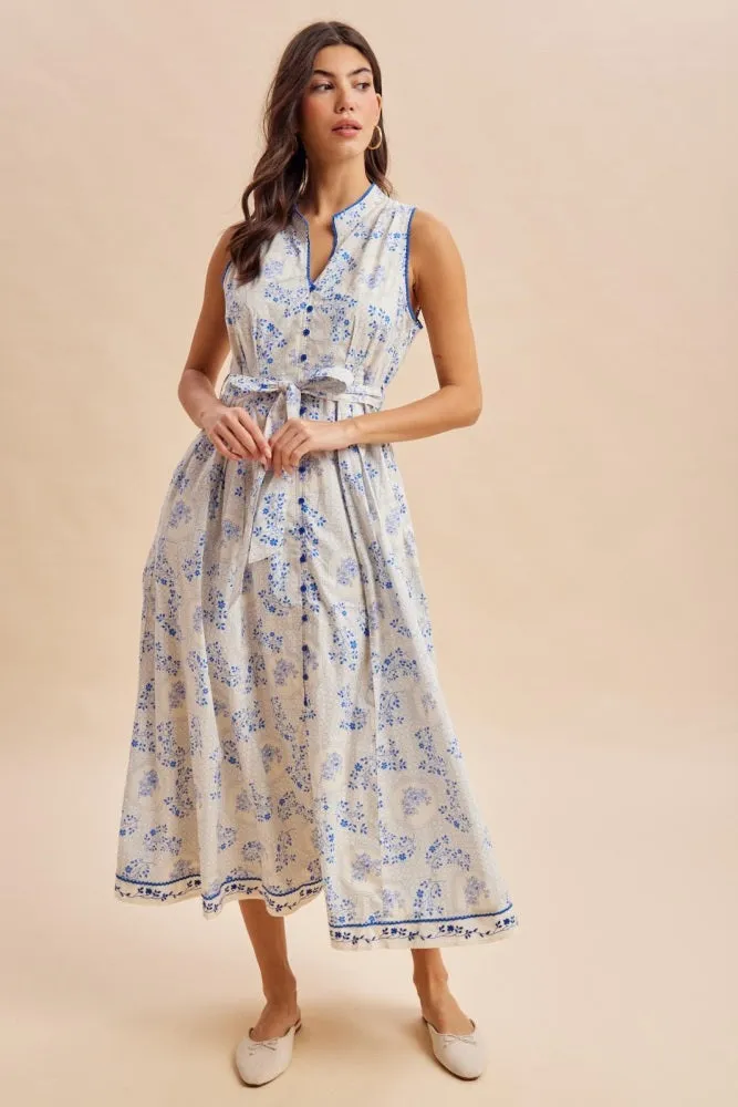 French Blue Floral Button Up Tie Waist Midi Dress sold by Pinkblush product image thumbnail 2