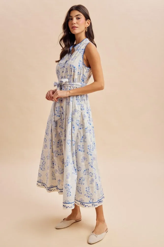 French Blue Floral Button Up Tie Waist Midi Dress sold by Pinkblush product image thumbnail 3