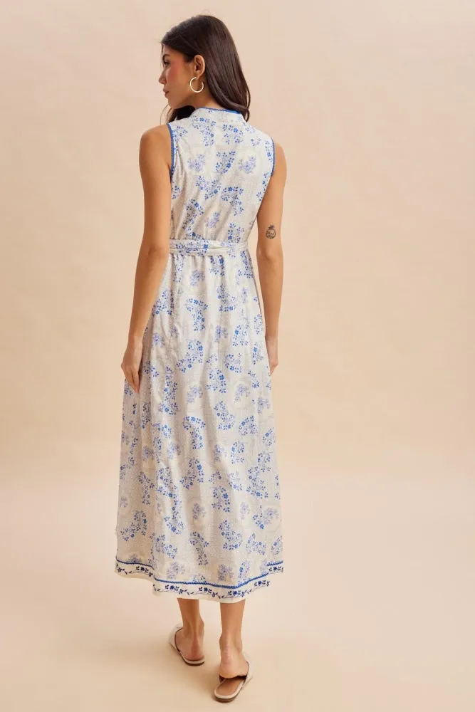 French Blue Floral Button Up Tie Waist Midi Dress sold by Pinkblush product image thumbnail 4