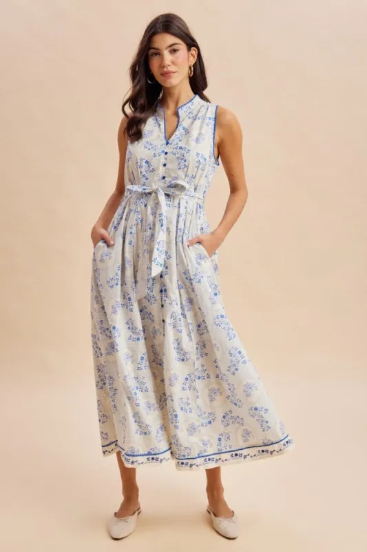 French Blue Floral Button Up Tie Waist Midi Dress made by Inloom