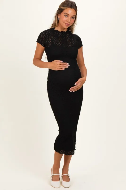 Black Sheer Lace Overlay Short Sleeve Maternity Midi Dress made by Pinkblush