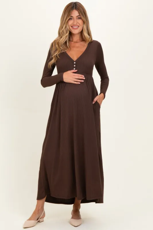 Brown Ribbed Knit Long Sleeve Maternity Maxi Dress made by Pinkblush