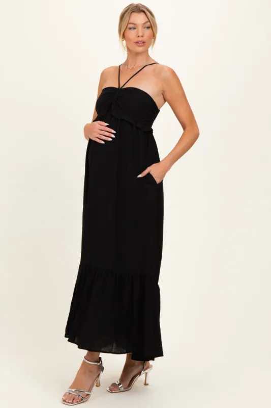 Black Halter Neck Tiered Cutout Maternity Maxi Dress made by Final Touch