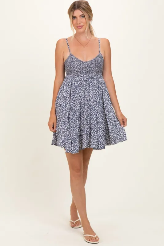 Navy Ditsy Floral V-Neck Smocked Mini Dress made by Angie