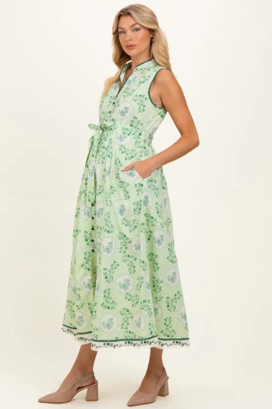 Fern Floral Button Up Tie Waist Maternity Midi Dress made by Inloom