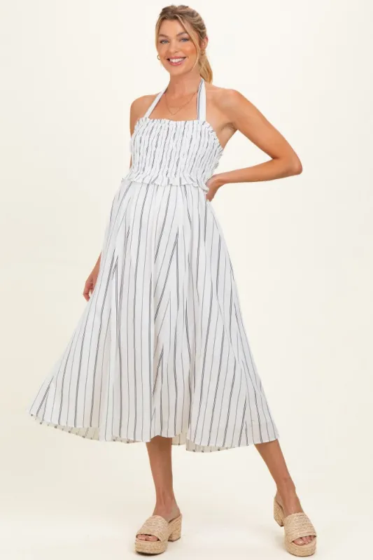 Off White Striped Smocked Halter Maternity Midi Dress made by Inloom