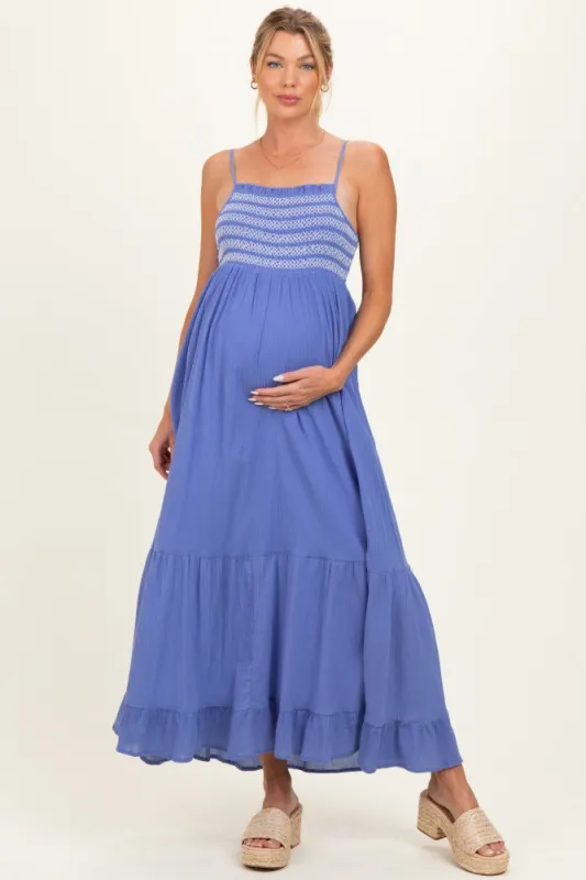 Capri Embroidered Smocked Maternity Maxi Dress made by Inloom