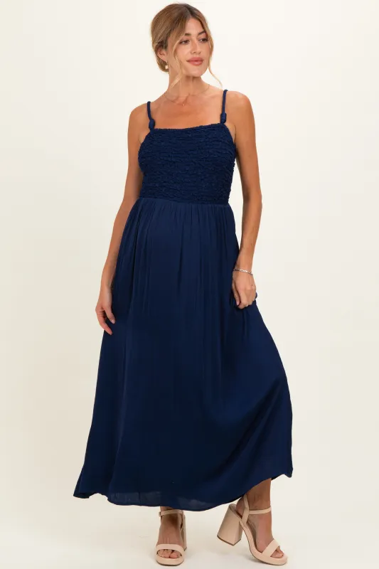 Navy Textured Smocked Maternity Maxi Dress made by Naked Zebra