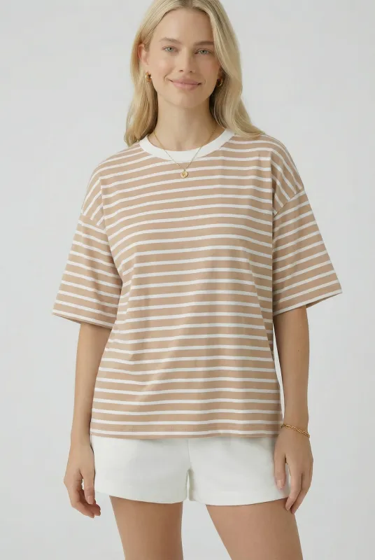 Tan Ivory Stripe Relaxed Fit Tee made by Pinkblush