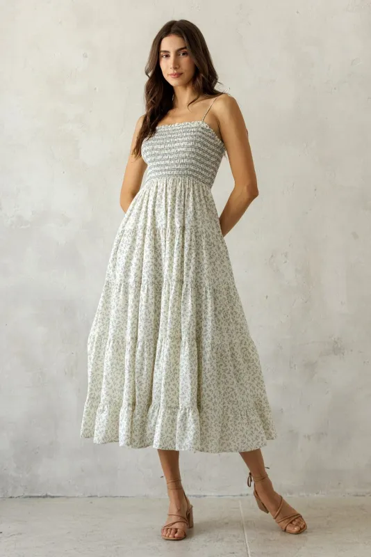 Cream Blue Floral Smocked Tiered Midi Dress made by Storia