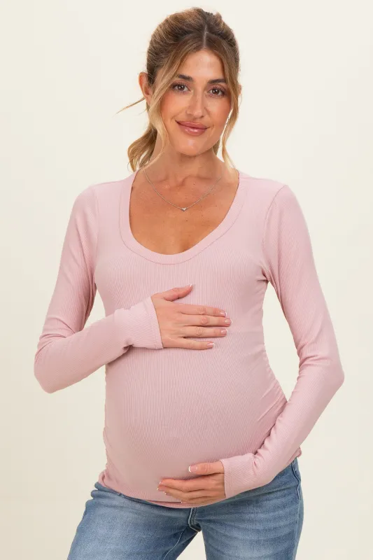 Pink Ribbed Ruched Maternity Long Sleeve Top made by Pinkblush