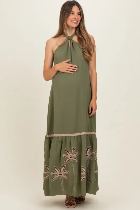 Olive Embroidered Halter Maternity Maxi Dress made by Lalavon