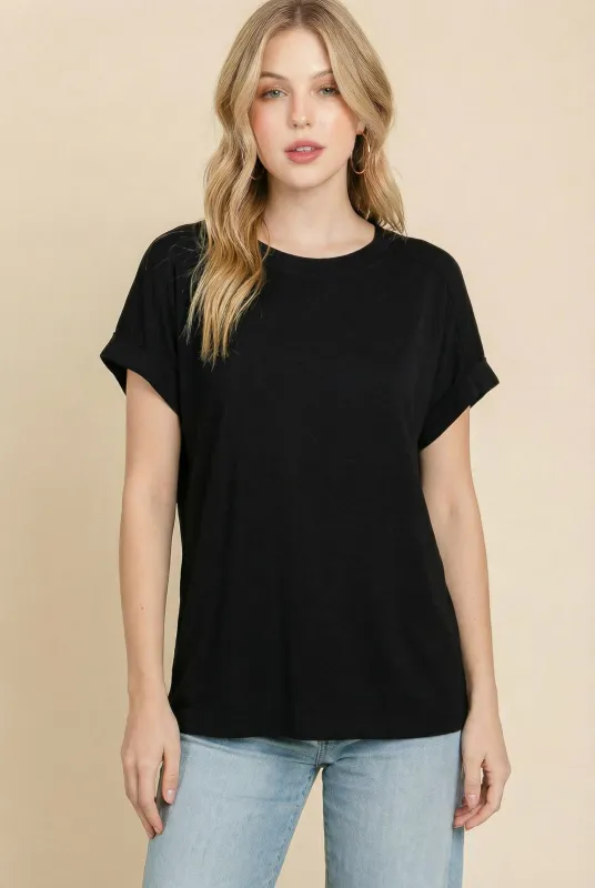 Black Rolled Cuff Sleeve Relaxed Fit Tee made by Pinkblush