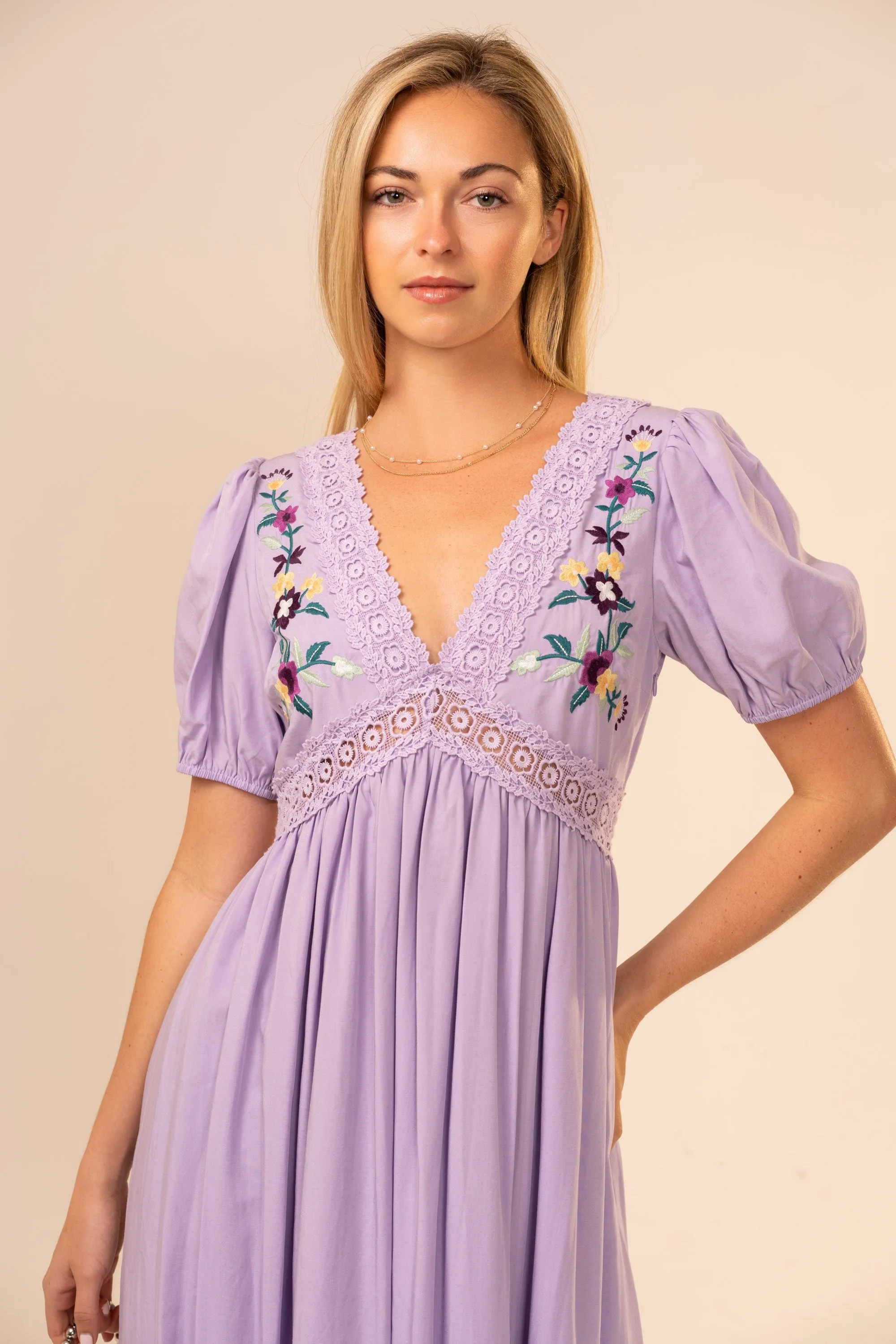 Lavender Puff Sleeve Embroidered Midi Dress sold by Pinkblush product image thumbnail 4