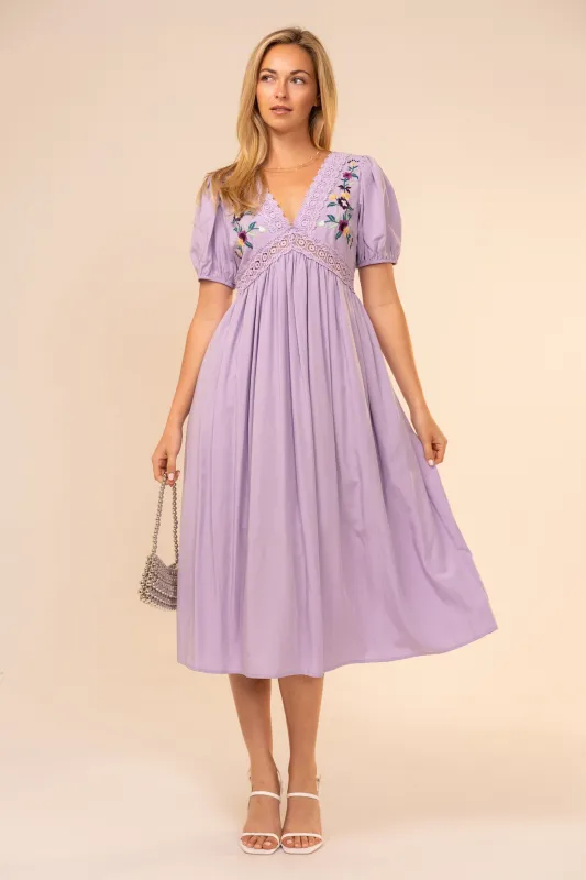 Lavender Puff Sleeve Embroidered Midi Dress made by Blue B