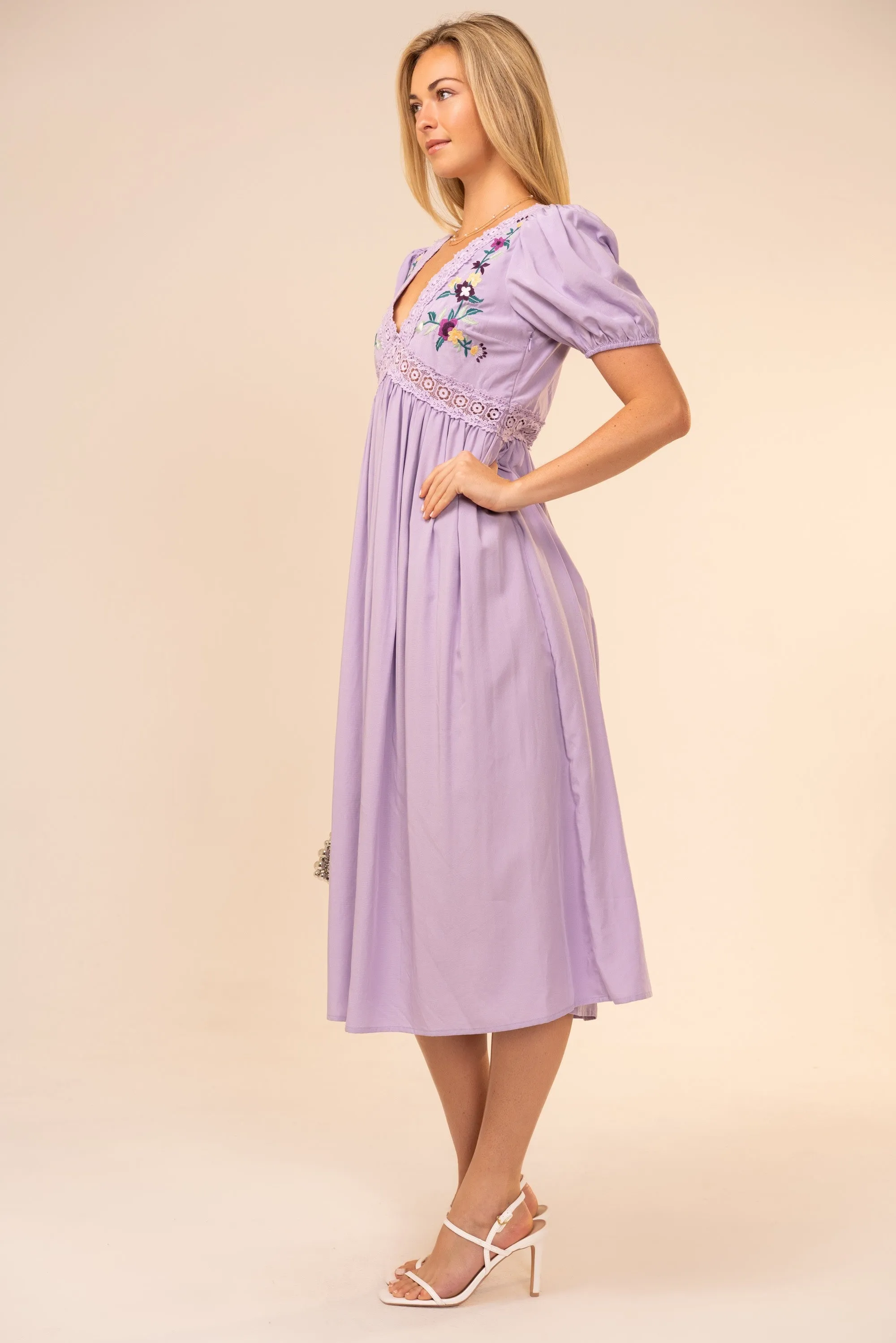 Lavender Puff Sleeve Embroidered Midi Dress sold by Pinkblush product image thumbnail 2