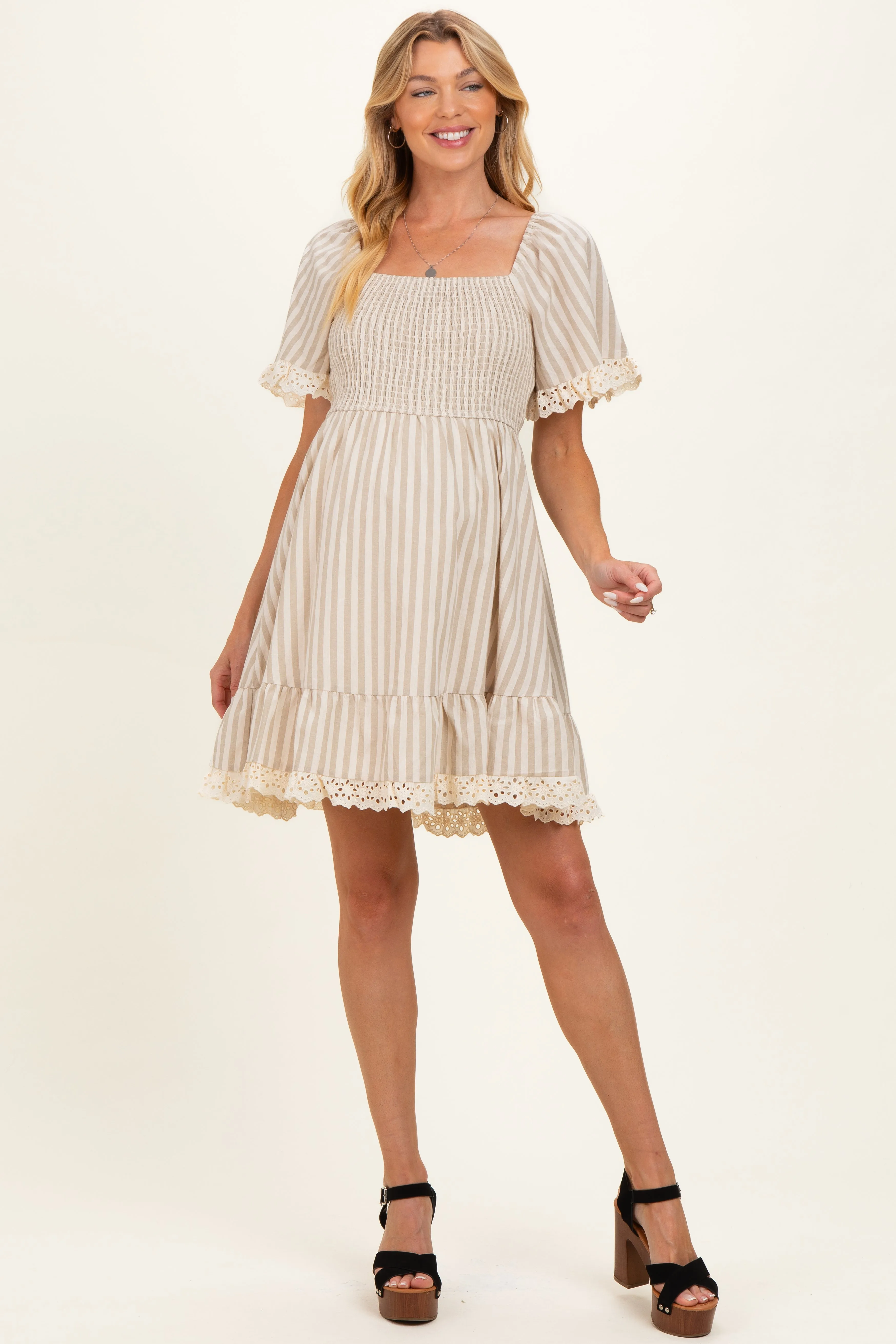 Beige Striped Smocked Lace Trim Maternity Dress sold by Pinkblush product image thumbnail 3