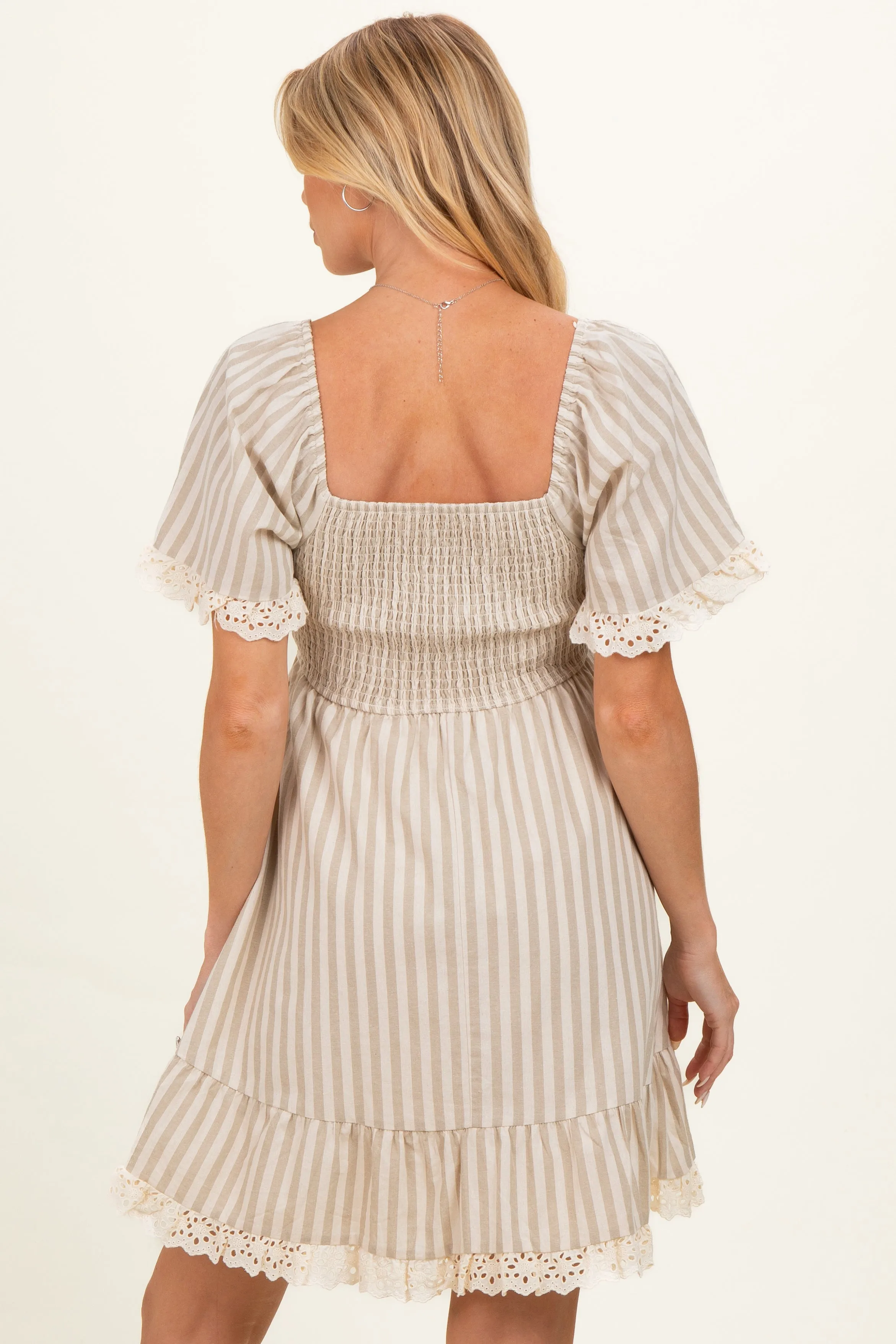 Beige Striped Smocked Lace Trim Maternity Dress sold by Pinkblush product image thumbnail 4