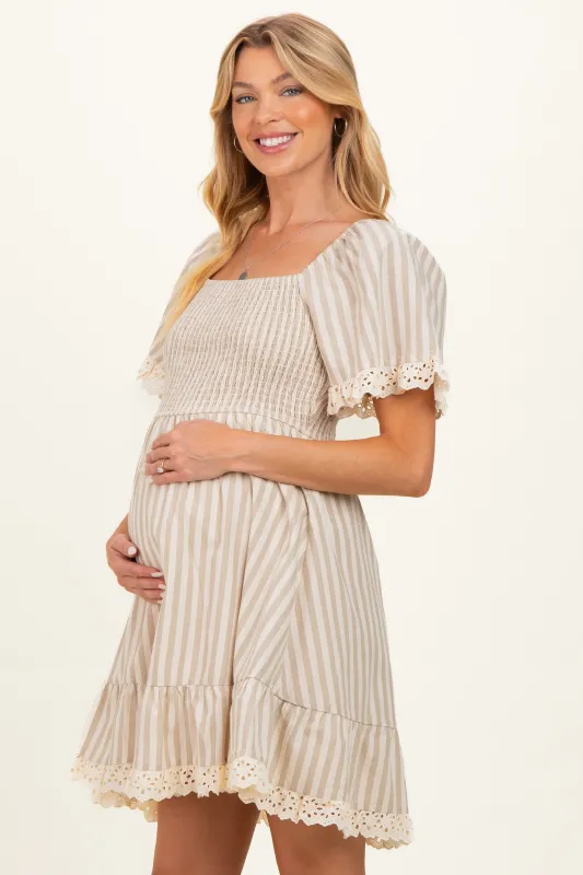 Beige Striped Smocked Lace Trim Maternity Dress made by BiBi
