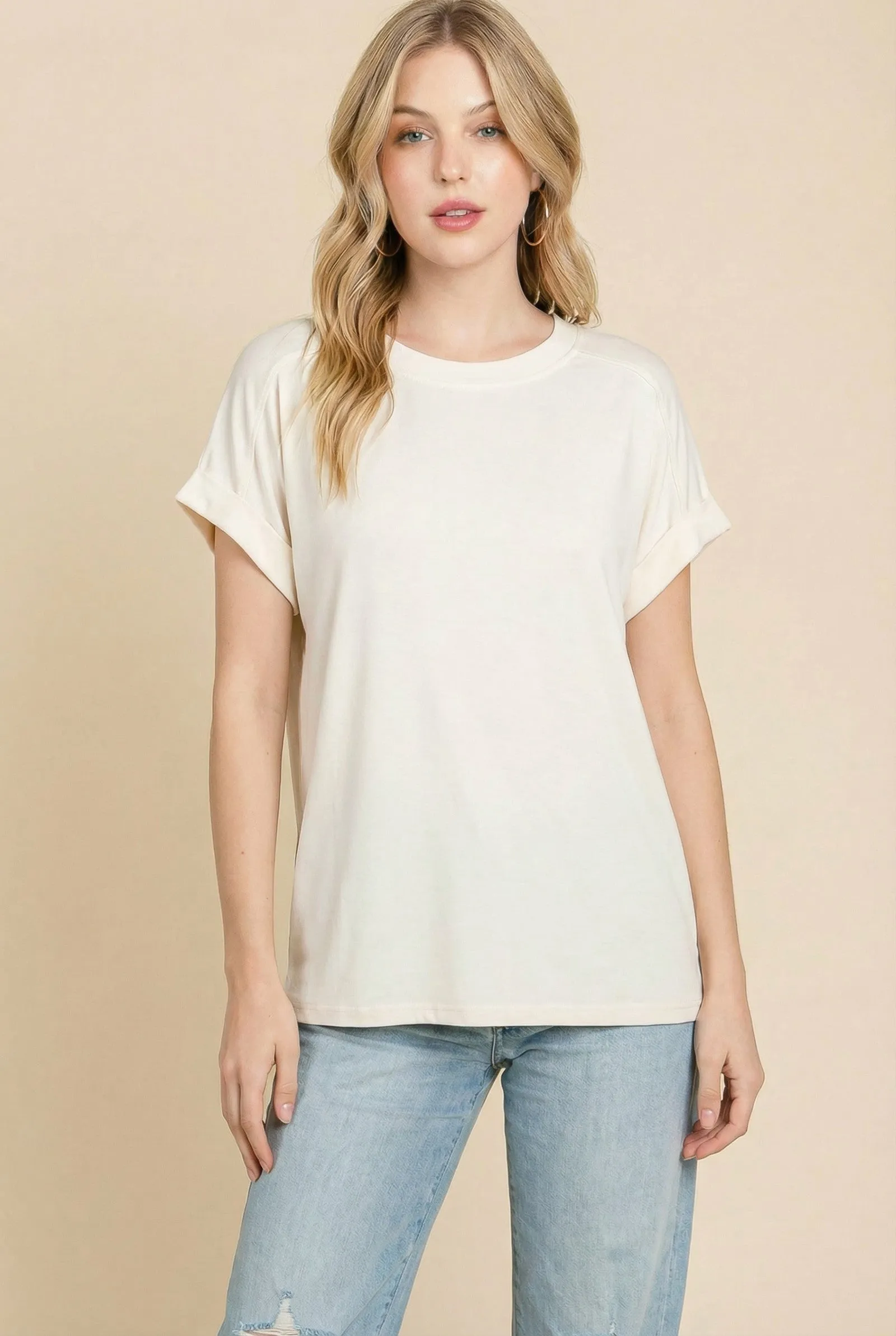 Ivory Rolled Cuff Sleeve Relaxed Fit Tee sold by Pinkblush