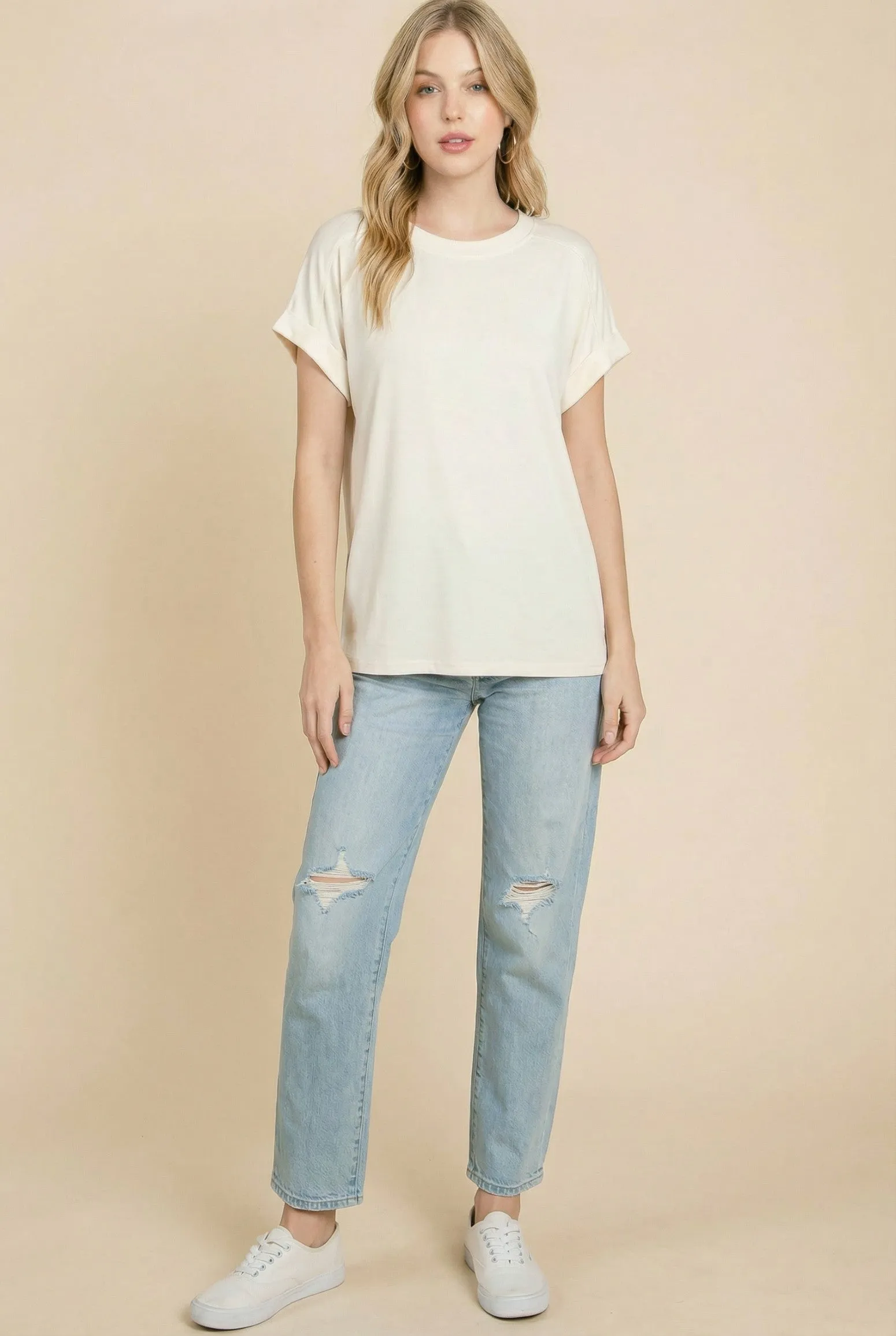 Ivory Rolled Cuff Sleeve Relaxed Fit Tee sold by Pinkblush product image thumbnail 2
