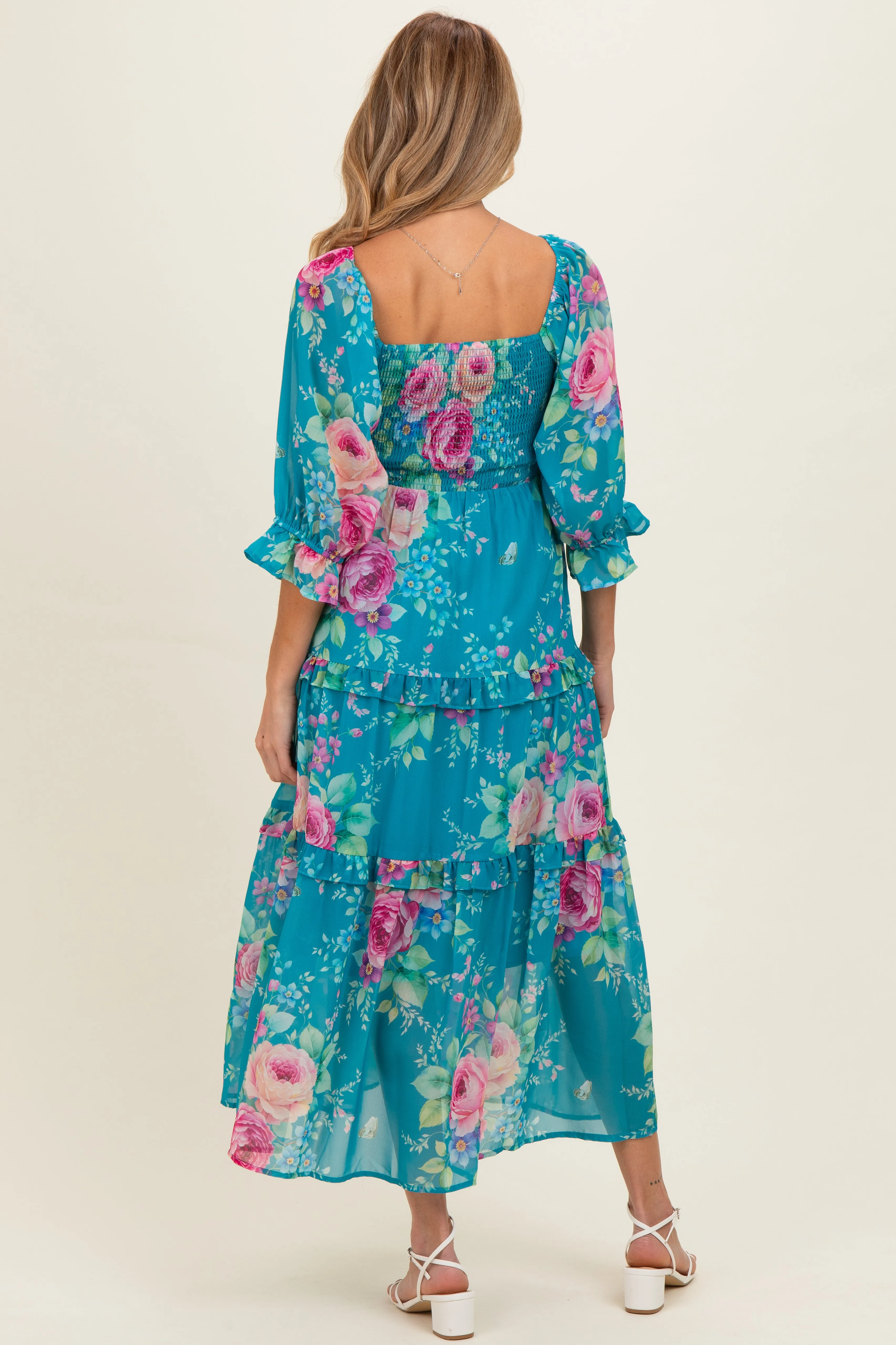 Blue Floral Smocked Chiffon Tiered Maternity Maxi Dress sold by Pinkblush product image thumbnail 3