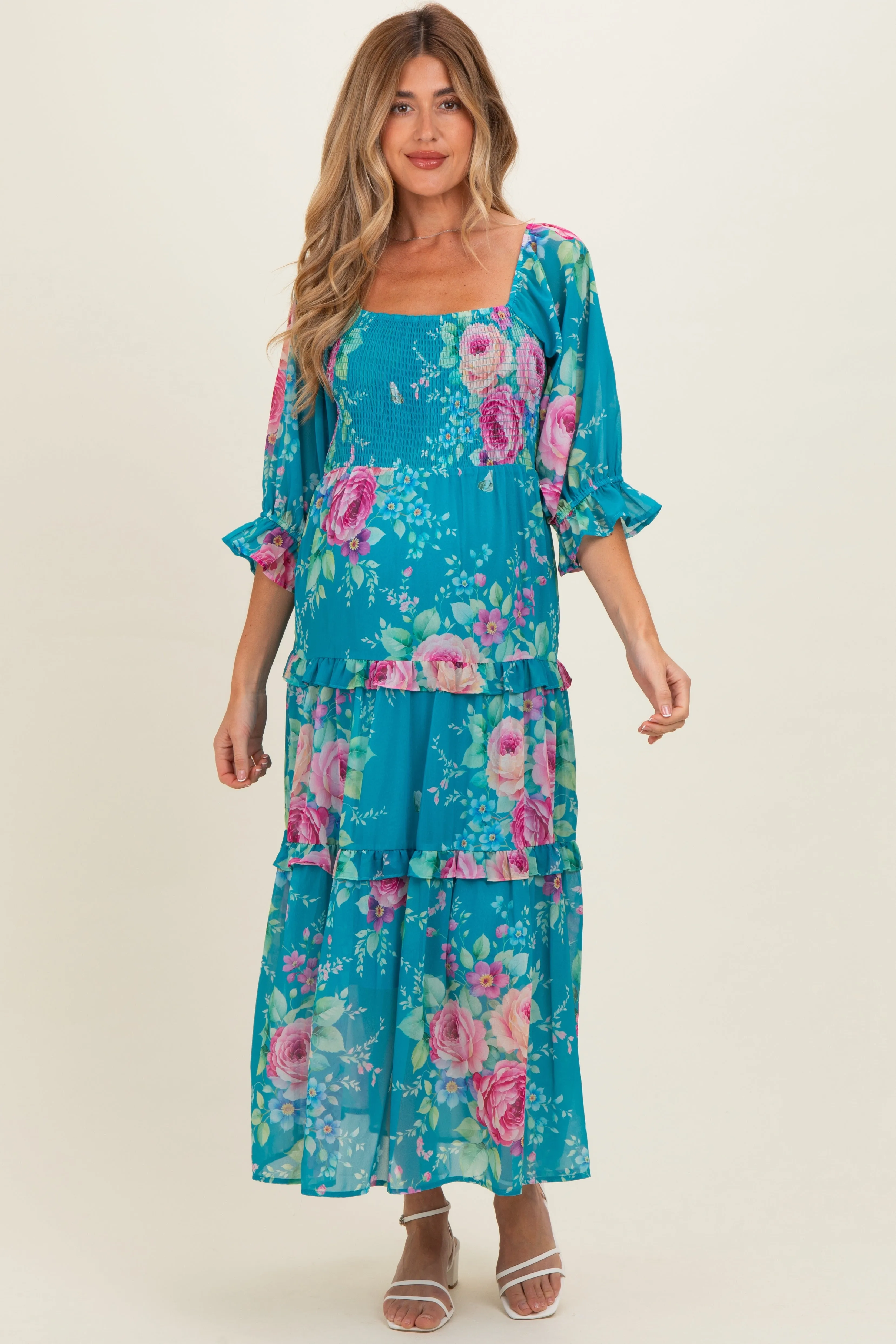 Blue Floral Smocked Chiffon Tiered Maternity Maxi Dress sold by Pinkblush