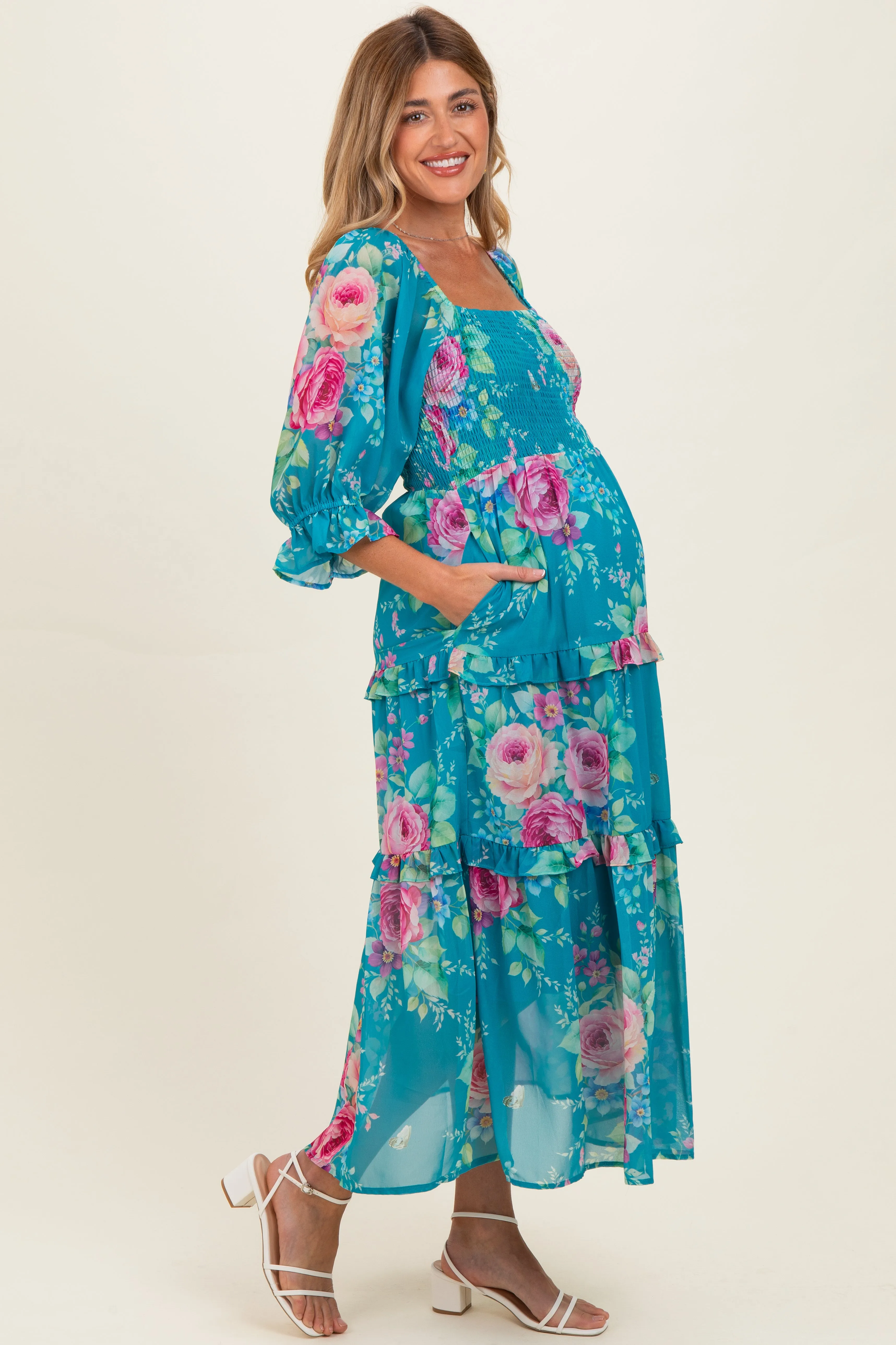 Blue Floral Smocked Chiffon Tiered Maternity Maxi Dress sold by Pinkblush product image thumbnail 2