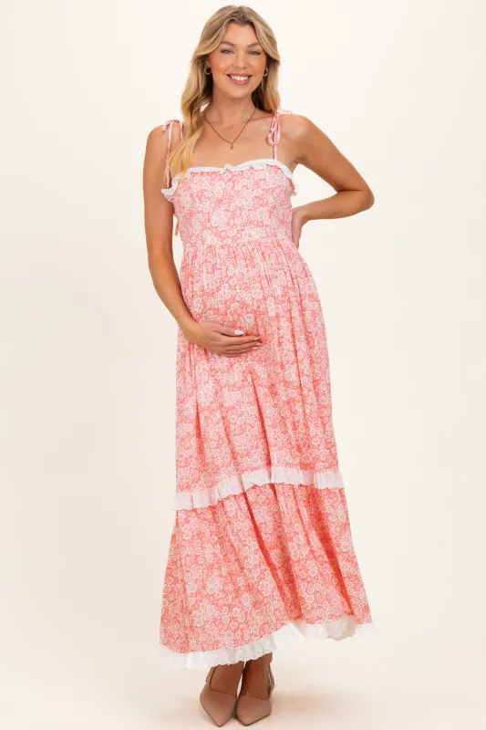 Candy Pink Floral Shoulder Tie Ruffle Detail Maternity Maxi Dress made by Inloom