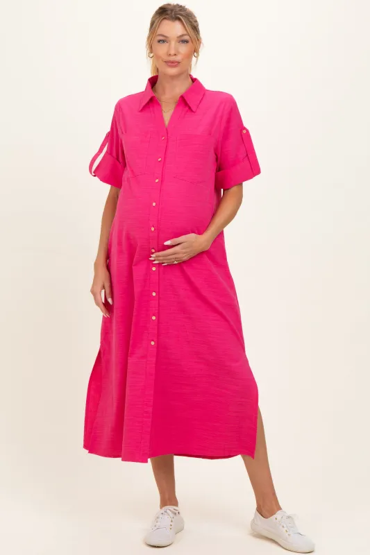 Fuchsia Side Slit Button Down Maternity Midi Dress made by JODIFL