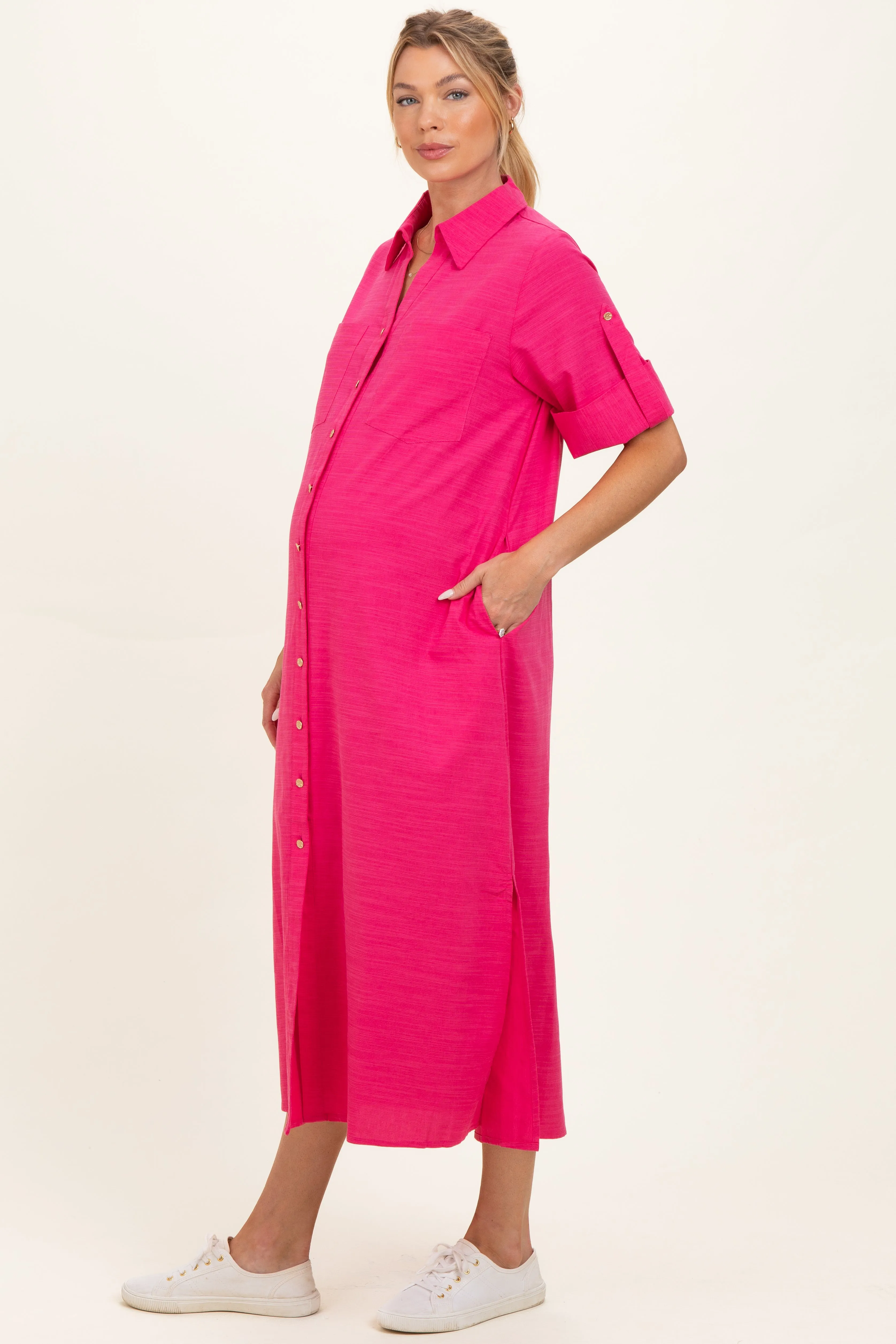 Fuchsia Side Slit Button Down Maternity Midi Dress sold by Pinkblush product image thumbnail 2