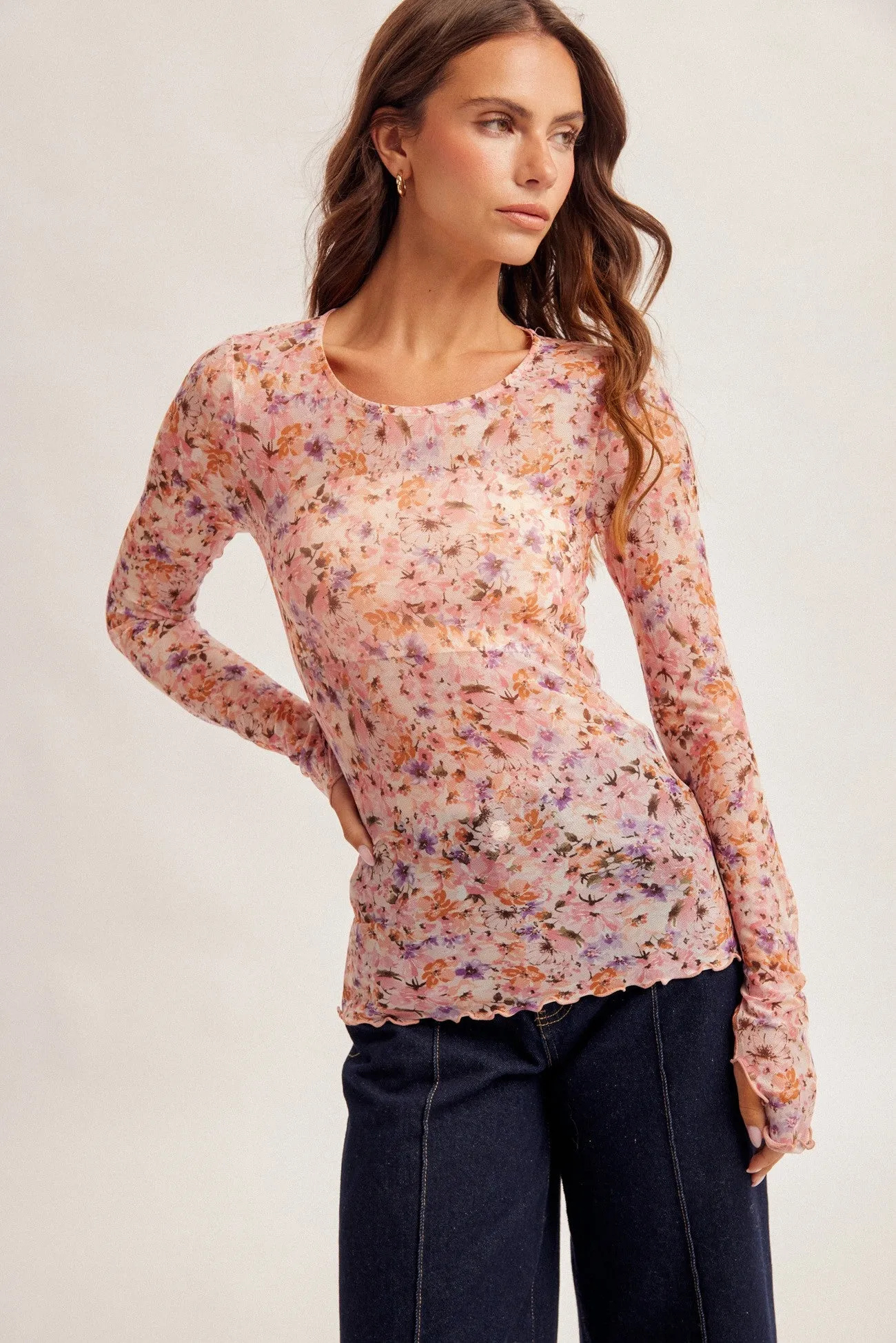 Magenta Pink Floral Printed Mesh Long Sleeve Top sold by Pinkblush
