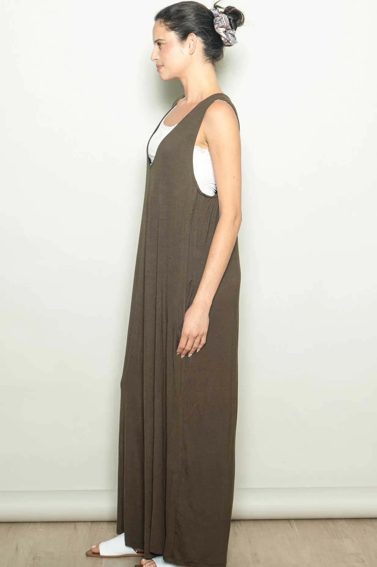 Dark Olive Deep V Sleeveless Wide Leg Jumpsuit sold by Pinkblush product image thumbnail 2