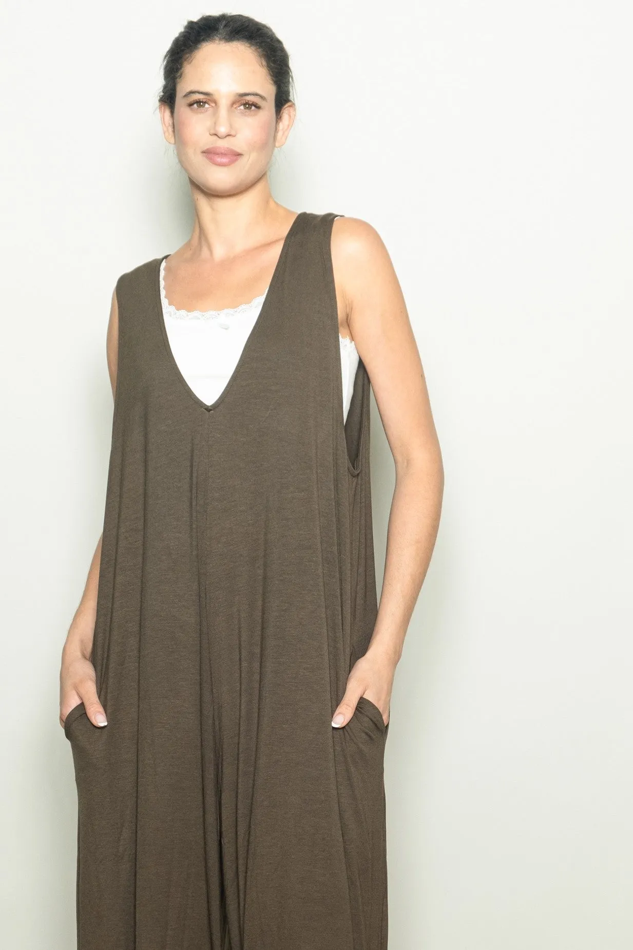 Dark Olive Deep V Sleeveless Wide Leg Jumpsuit sold by Pinkblush product image thumbnail 4