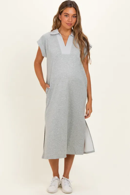 Heather Grey Striped Collared Side Slit Maternity Midi Dress made by JODIFL