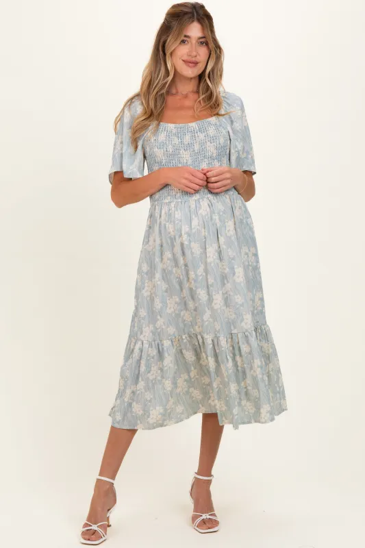 Light Blue Floral Smocked Maternity Midi Dress made by Chris & Carol