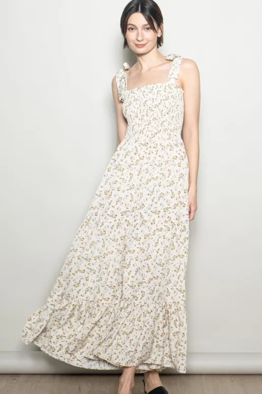 Cream Floral Shoulder Tie Maxi Dress made by Pinkblush