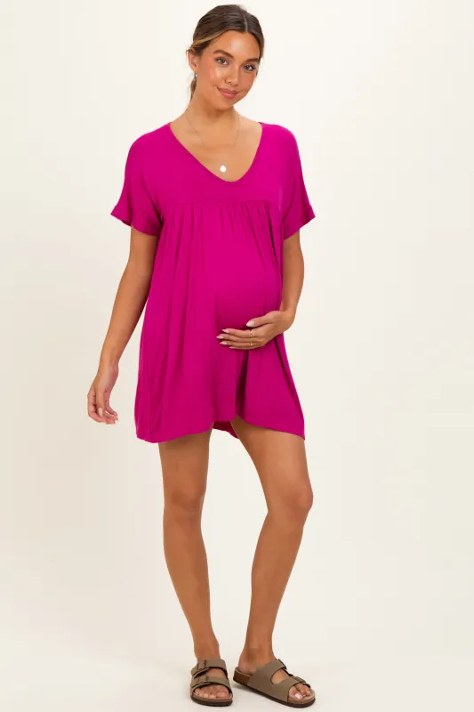 Magenta V-Neck Basic Maternity Dress made by Pinkblush