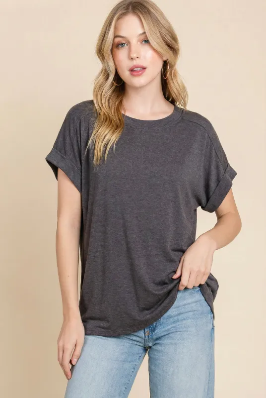 Charcoal Rolled Cuff Sleeve Relaxed Fit Tee made by Pinkblush