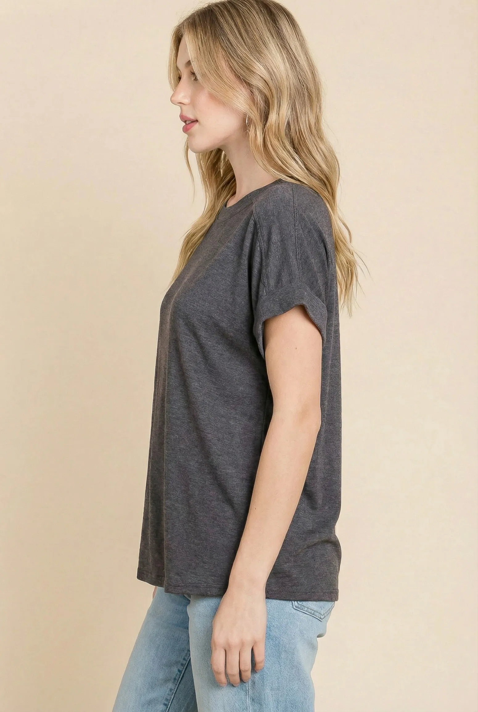 Charcoal Rolled Cuff Sleeve Relaxed Fit Tee sold by Pinkblush product image thumbnail 2