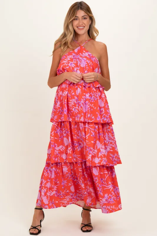 Red Floral Flowy Tiered Maternity Maxi Dress made by entro